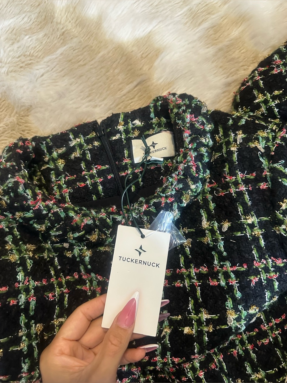 Tuckernuck Black Tweed Top with Green, Pink & Gold Accents
